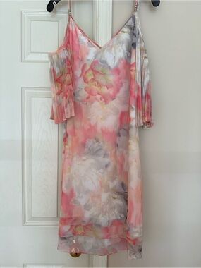 White House Black Market Pink and Cream One-Shoulder Floral Slip Dress